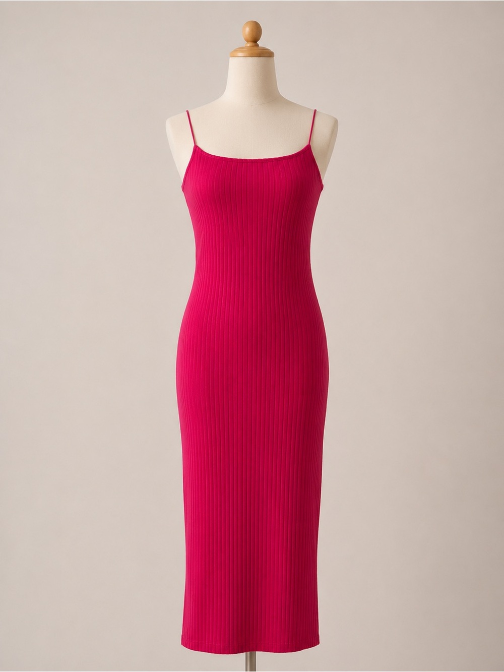 Zara Fuchsia Ribbed Spaghetti-Strap Maxi Dress